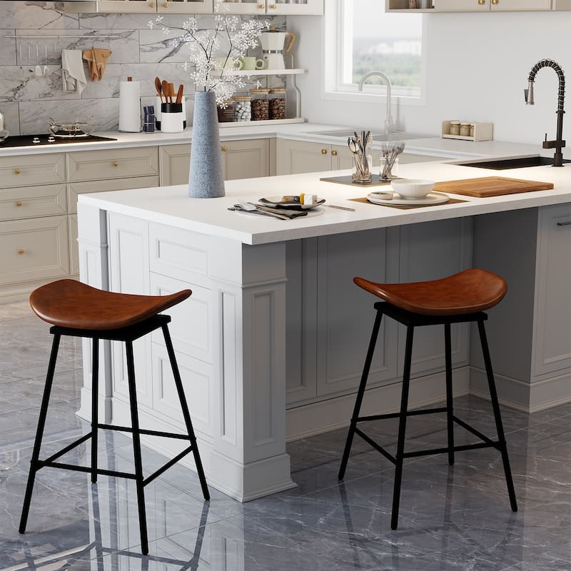 Backless Swivel Bar Stools with Saddle Faux Leather Seat 28 Inch Metal Frame Counter Height Chairs - 17" x 18" x 28" (L x W x H)