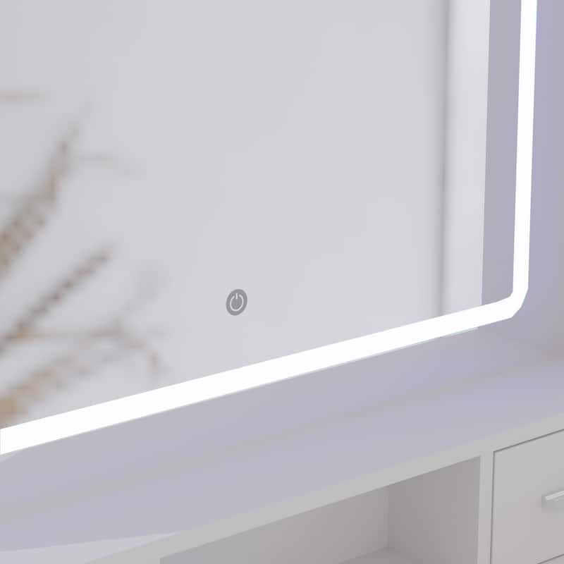 Dressing Table With Led Mirror And Power Outlet,With Drawers,Storage Box And Shelf,Dressing Table With Bedroom Cushioned Stool