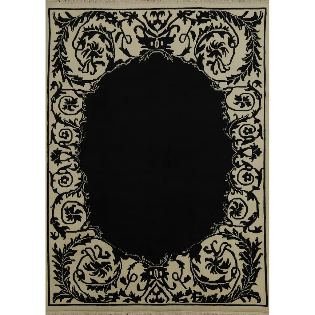 Hand Knotted Oriental 100% Wool Carpet Traditional Floral Black Nepalese Area Rug - 9' 10'' X 8' 3''
