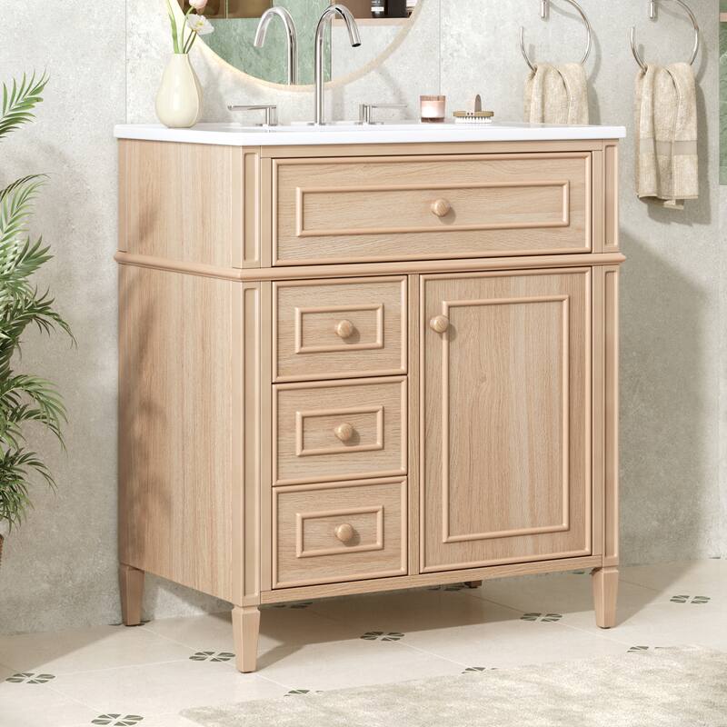30 Inch Bathroom Vanity with Sink, Solid Wood Cabinet with Flip-Out Drawer and Soft-Close Doors