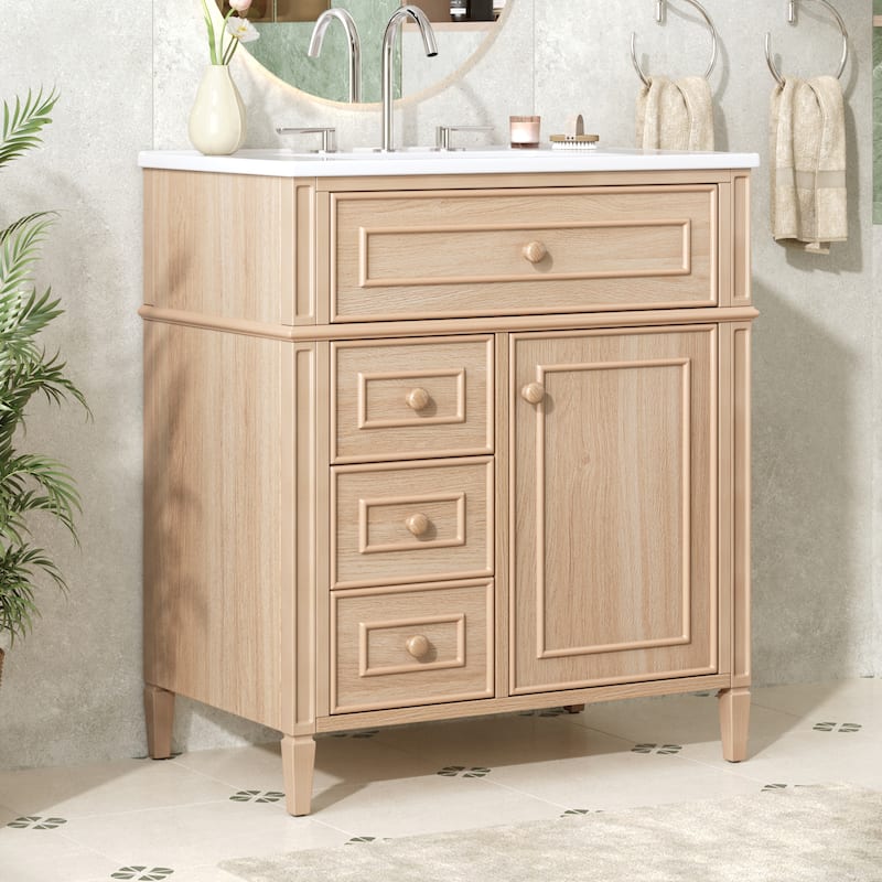 Rossetta 30" Modern Elegant Wooden Freestanding Bathroom Vanity Cabinet with Flip-Out Drawer and Sink - Light Wood