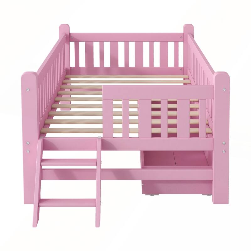 Wood Twin Size Platform Bed with Guardrail and 2 Drawers