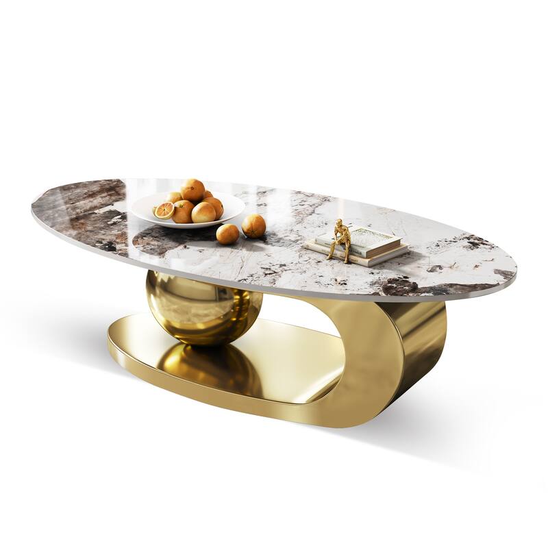 51 Inches Oval Faux Marble Coffee Table For Living Room With Stainless Steel Base