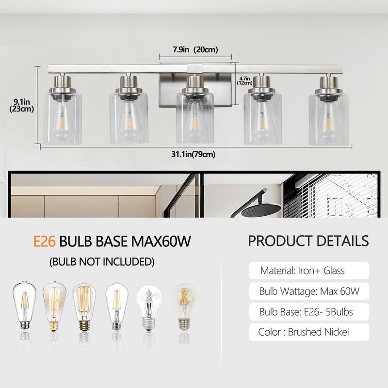 31" 5-Light Vanity Light with Clear Glass Shades, Modern Iron Metal Bathroom Wall Fixture for Mirror(No Bulbs)