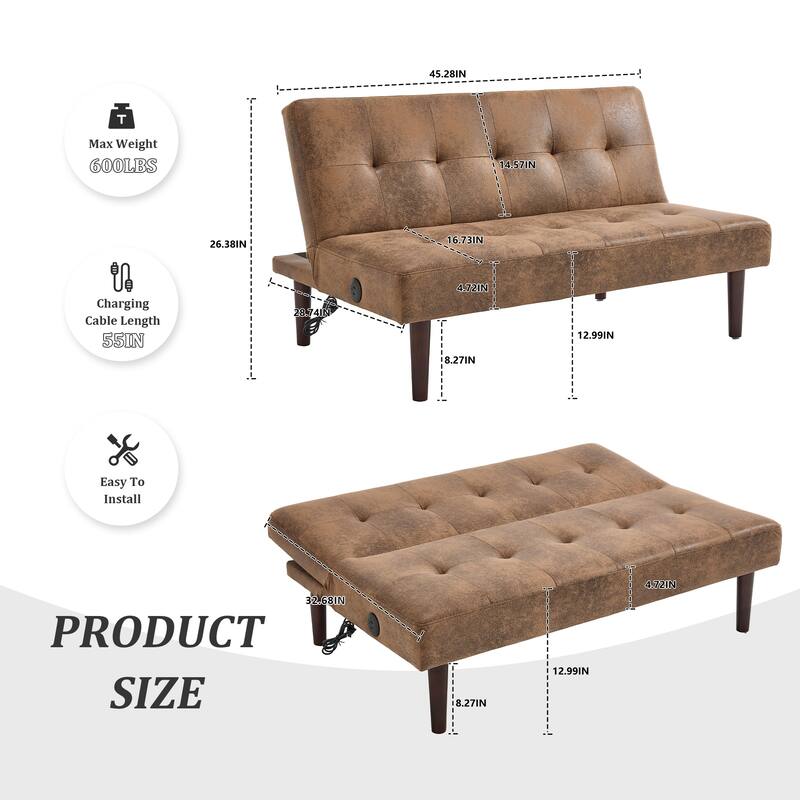 Foldable Sofa Bed with Adjustable Backrest, Charging Port, Coffee Microfiber