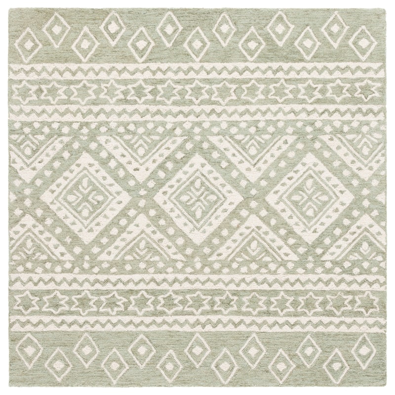 SAFAVIEH Handmade Micro-Loop Kobie Wool Rug - 5' Square - Sage/Ivory