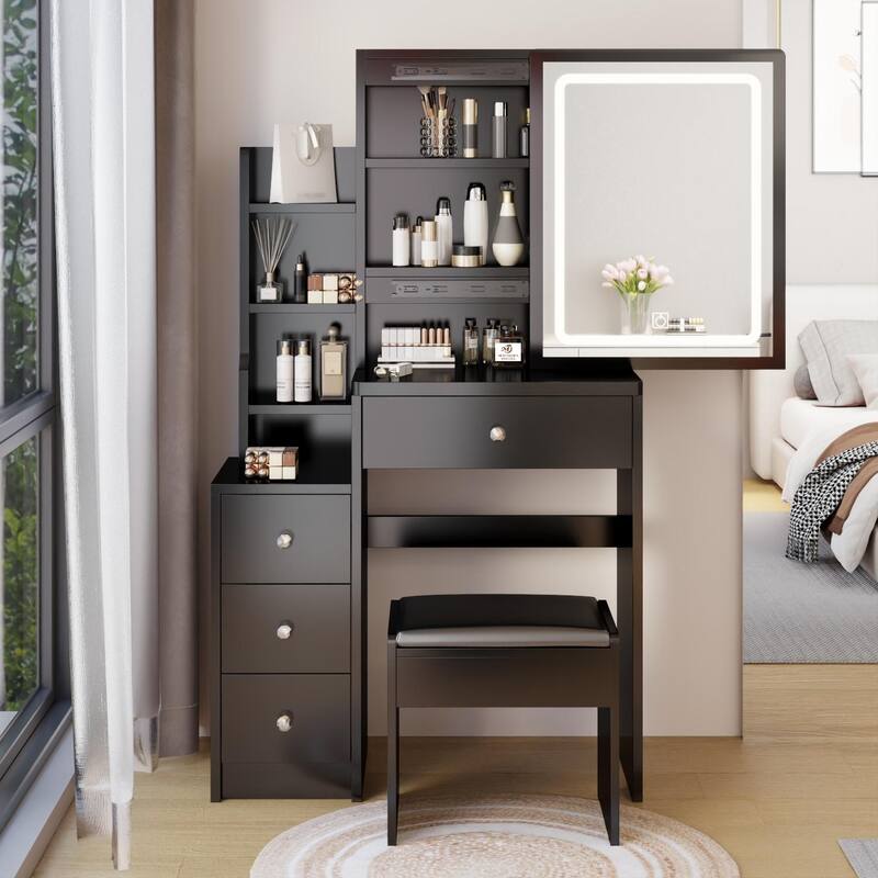 Small Space Left Bedside Cabinet Vanity Table,Cushioned Stool,Extra Large Touch Control Sliding LED Mirror,Tri-color Switching
