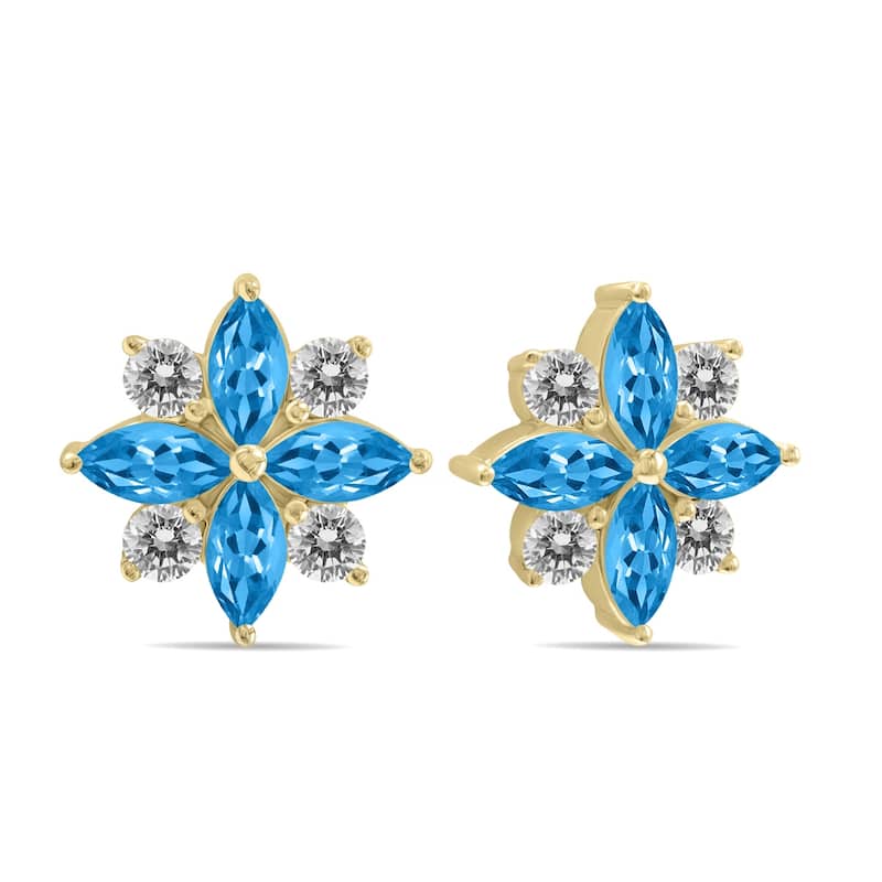Marquee 1 Carat TW Blue Topaz and Diamond Flower Earrings in 10K Yellow Gold
