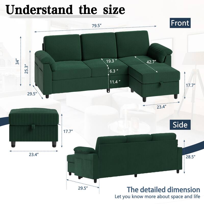 Futzca ​Sectional Sofa Couch, 3 Seat L Shaped Sofa with Removable Pillows