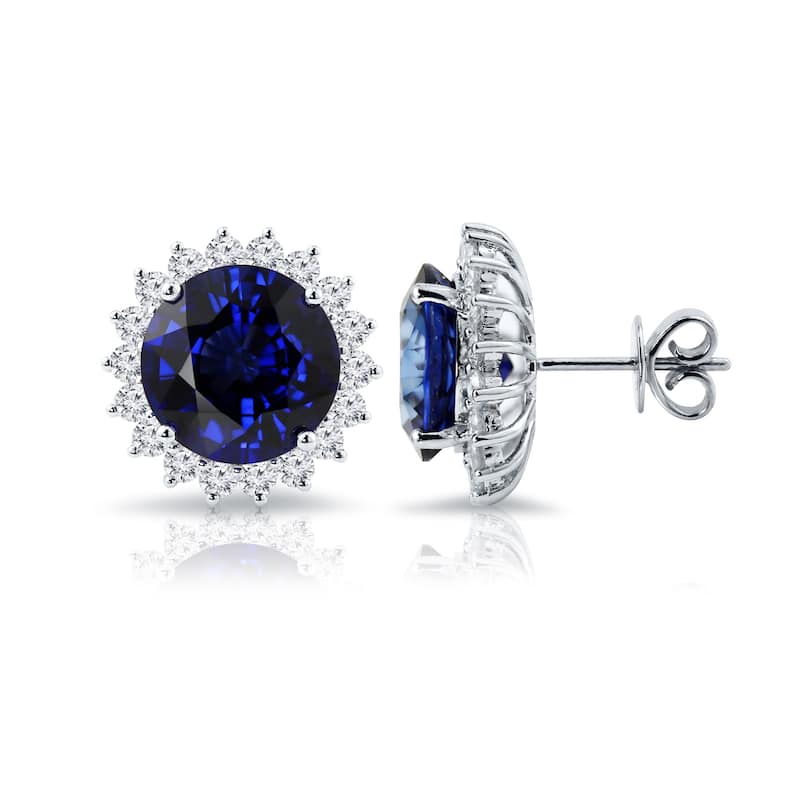Auriya Unique 15 1/4ct Royal Blue Sapphire and 1 7/8ctw Halo Diamond Stud Earrings 18K Gold