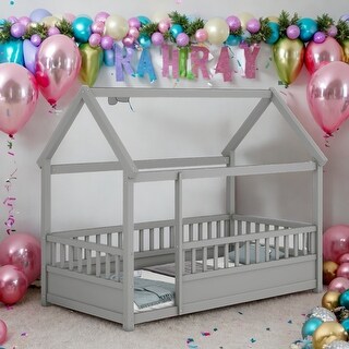 Kids and Baby Twin Size Floor House Bed with House Roof Frame and Fence Guardrails