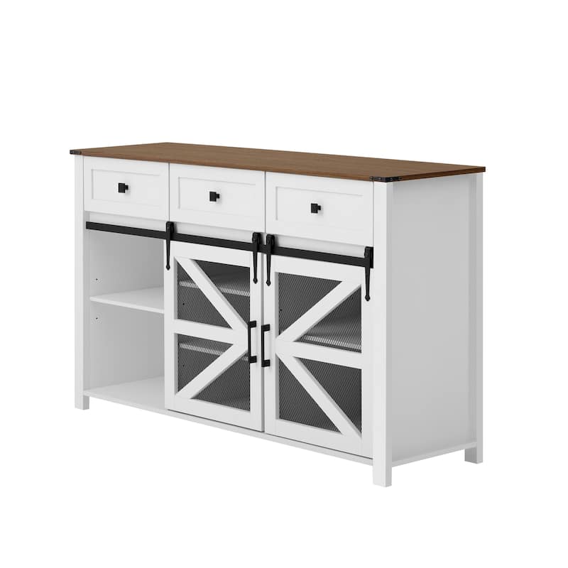 55" Sliding Barn Door Sideboard Cabinet with 3 Drawers and Adjustable Shelves