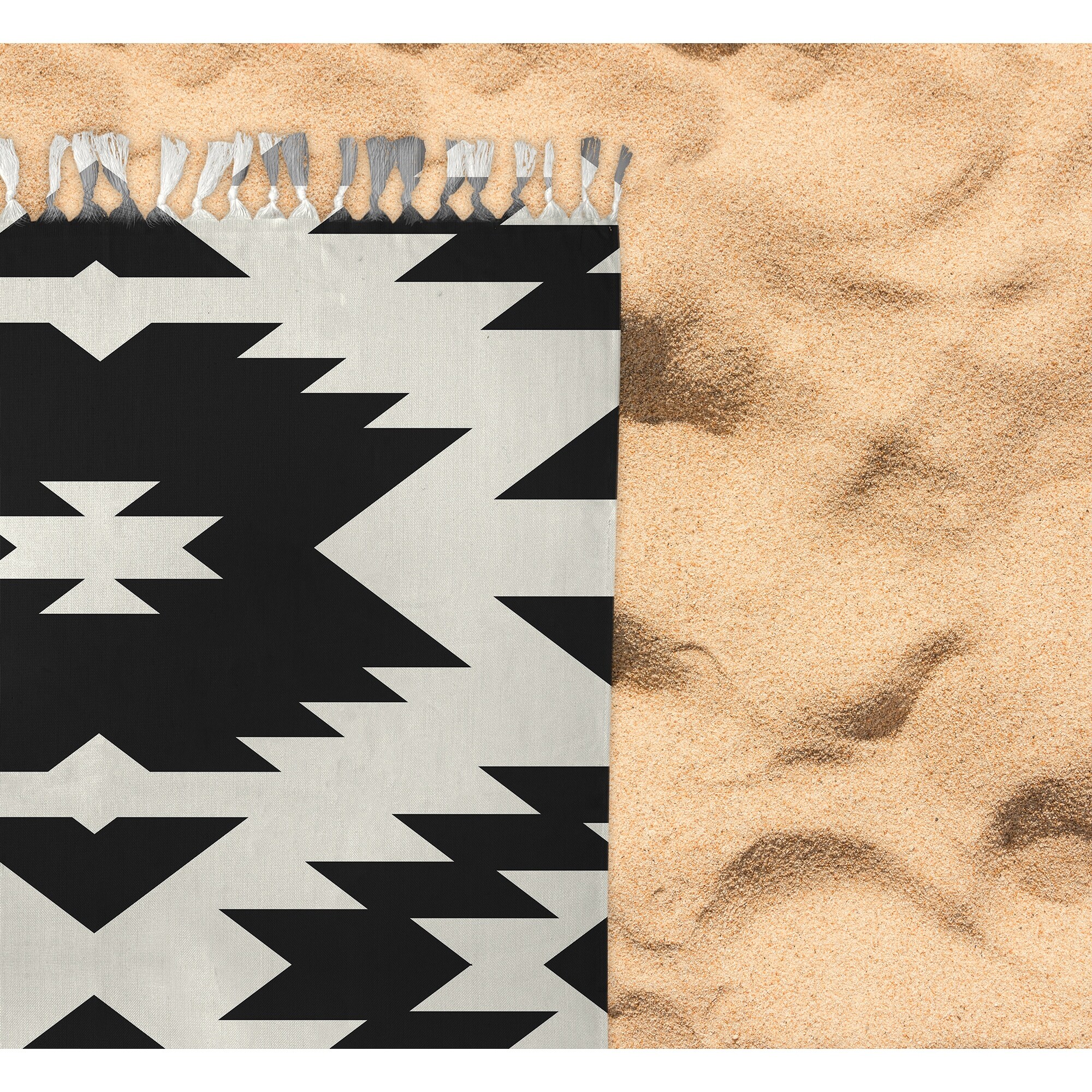 THRACE BLACK AND WHITE Beach Blanket with Tassels By Becky Bailey - 38 x 80  - Bed Bath u0026 Beyond - 33074257