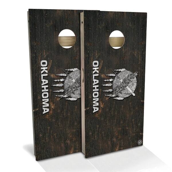 slide 2 of 9, Oklahoma Flag Rustic Outdoor Cornhole Board Set
