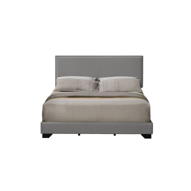 Light Gray Fabric Queen Bed with Wood Legs and Nailhead Trim