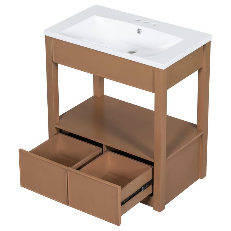 Modern 30-Inch Bathroom Vanity with Ceramic Sink, Open Storage Shelf, and Two Drawers, Brown