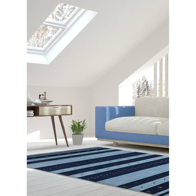 ECARPETGALLERY Hand Loomed Kashkuli Gabbeh Dark Navy, Light Blue Wool Rug - 6'8 x 9'9