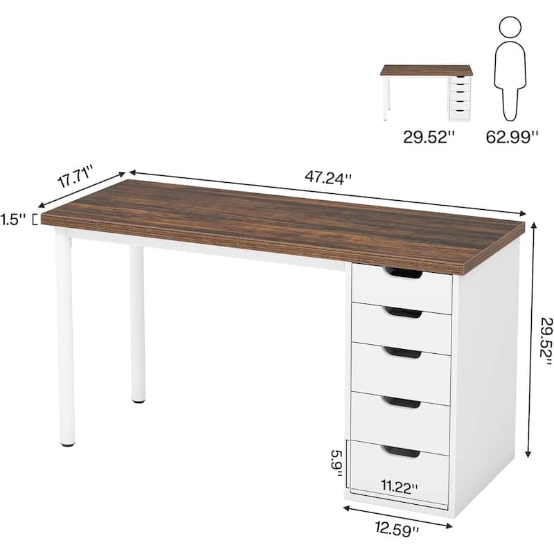 Computer Desk with 5 Drawers, 47 inches Rustic Brown (Reversible Drawer Cabinet)