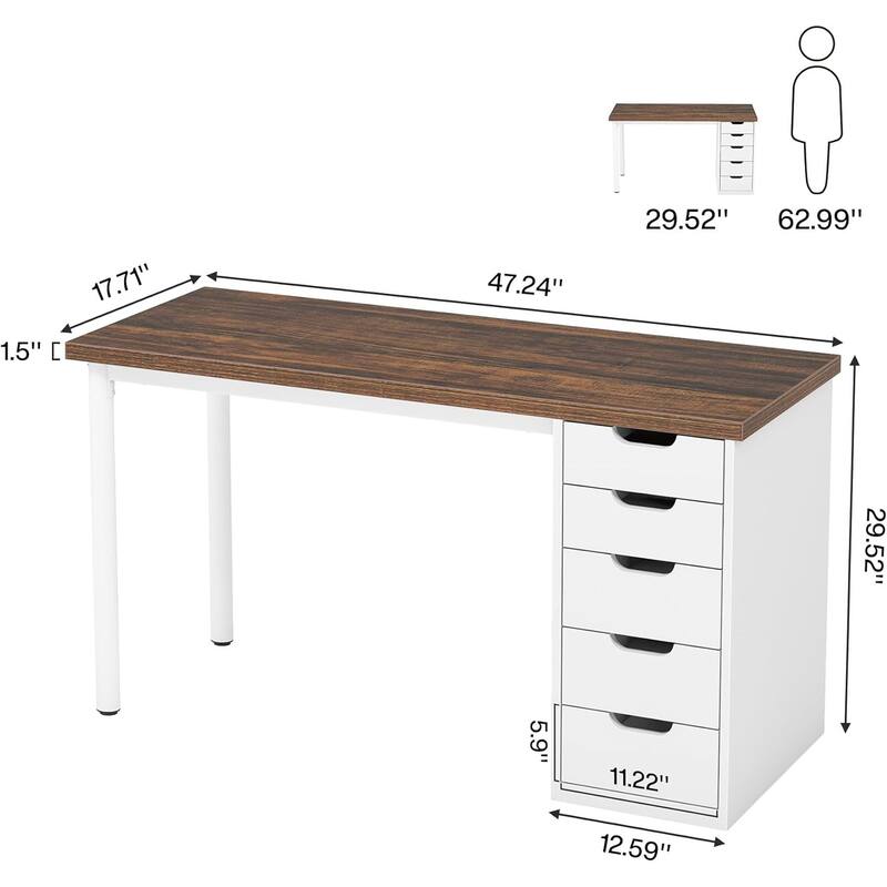 Computer Desk with 5 Drawers, 47 inches Rustic Brown (Reversible Drawer ...