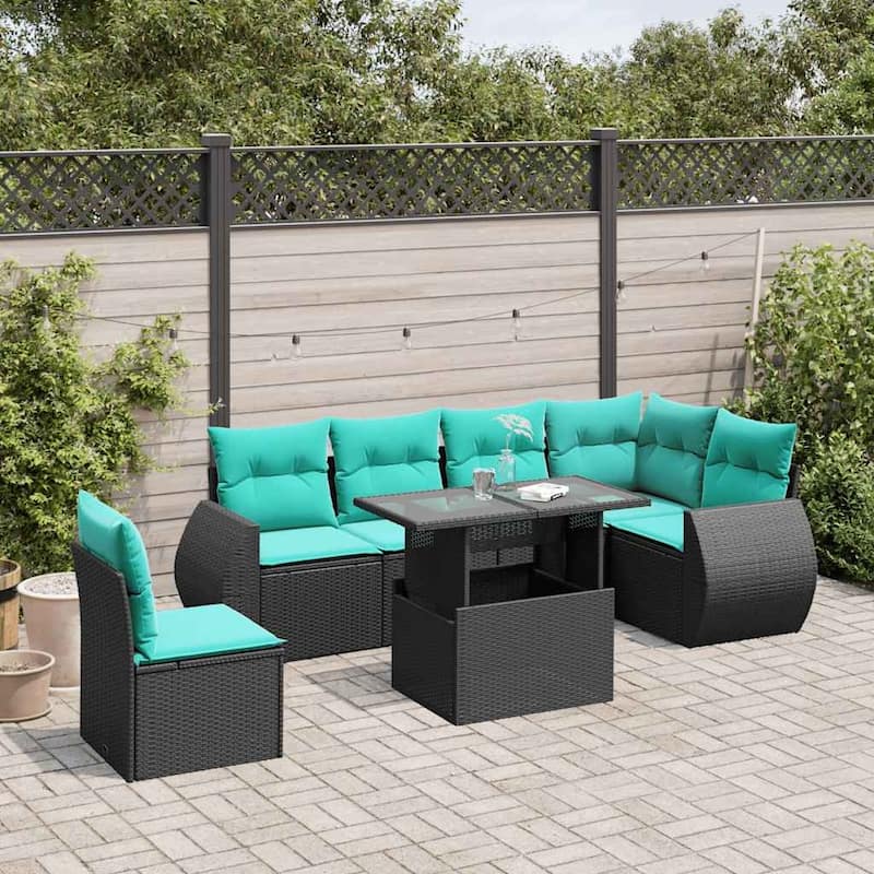 vidaXL 7 Piece Patio Sofa Set with Cushions Black/Brown/Gray Poly Rattan - 24.4 x 24.4 x 27.2 - Black