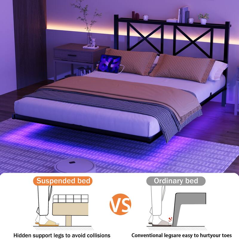 Full/Queen Floating Platform Bed Frame with LED Lights, USB Charging Station, Storage Headboard, Heavy-Duty Steel Slats
