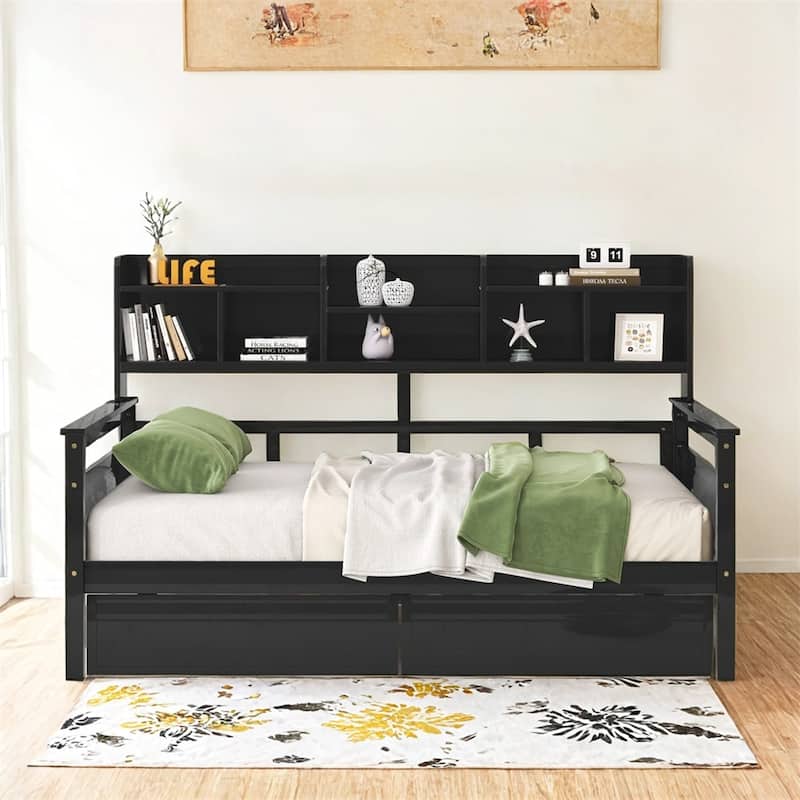 Full size Daybed,Wood Slat Support,with Bedside Shelf and Two Drawers