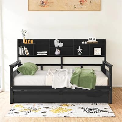 Full size Daybed,Wood Slat Support,with Bedside Shelf and Two Drawers