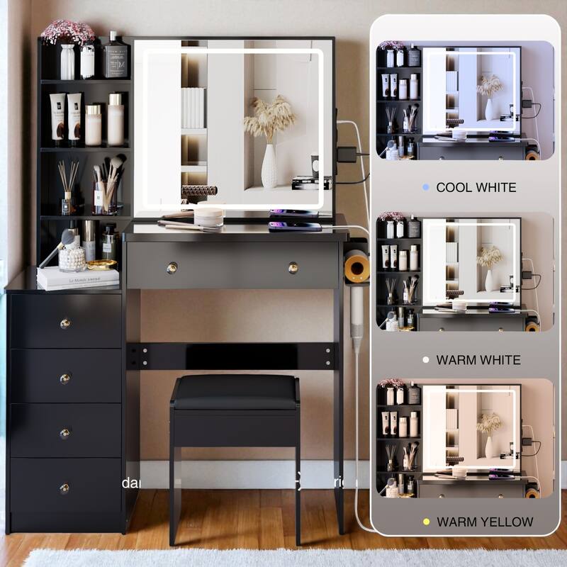 37" Vanity Table with Sliding LED Mirror, Stool, 2 AC & 2 USB Ports, Hair Dryer Stand, Touch Light