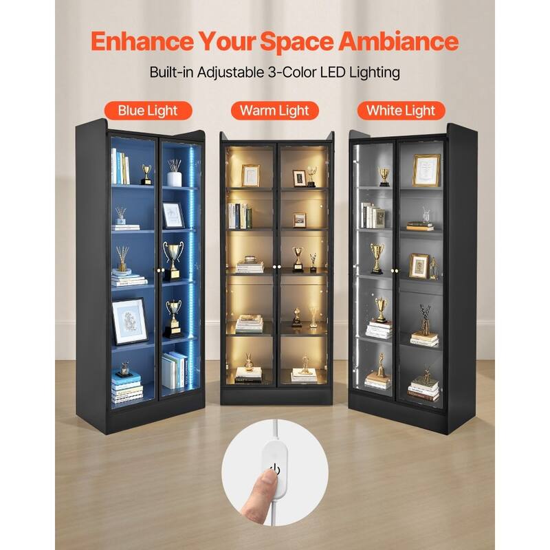 Black MDF Glass Display Cabinet 5-Tier with LED Lighting and Doors - 27.56 × 13.39 × 66.93 inch
