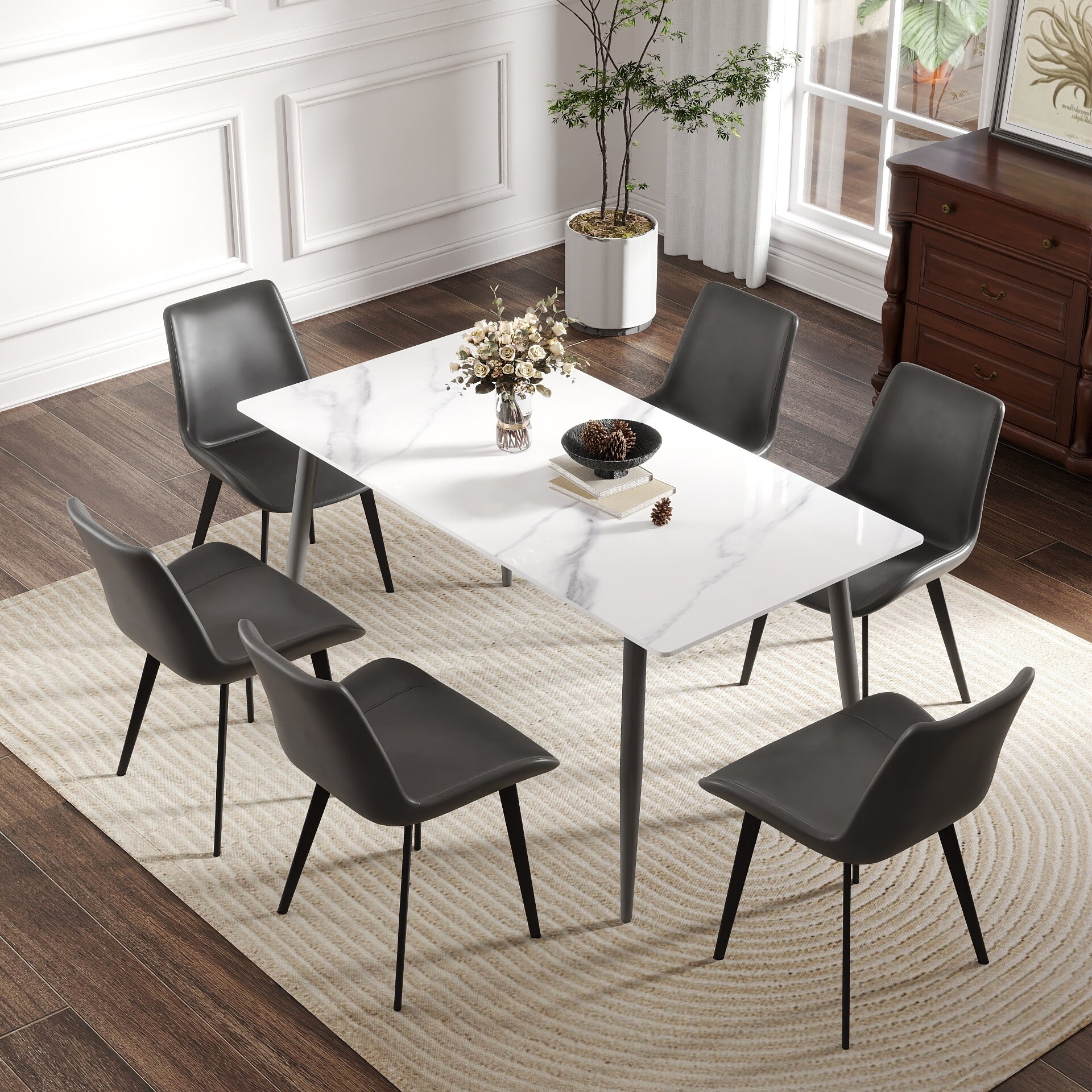 Modern Dining Table With Marble MDF Veneer And Geometric X-Frame Legs