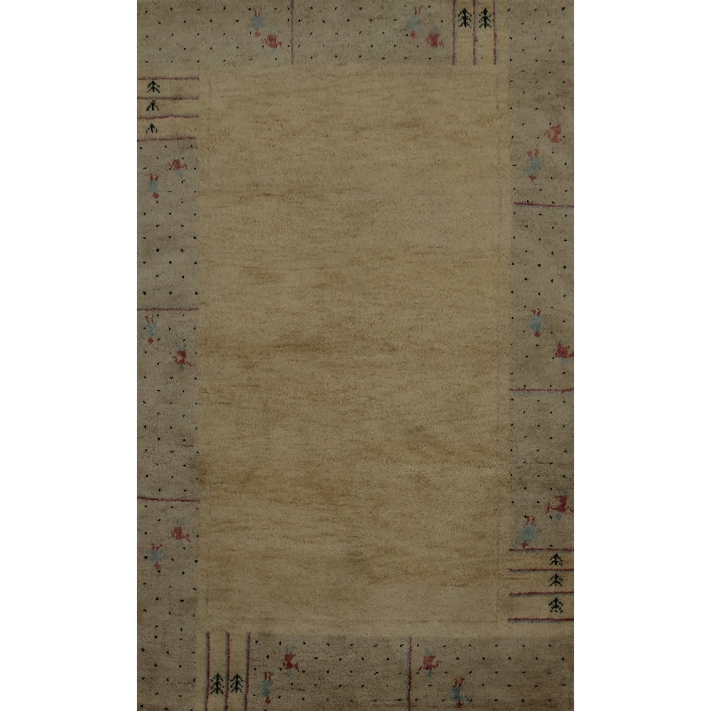 Hand Knotted Oriental 100% Wool Carpet Modern Bordered Yellow & Gold Gabbeh Area Rug - 6' 0'' X 3' 11''