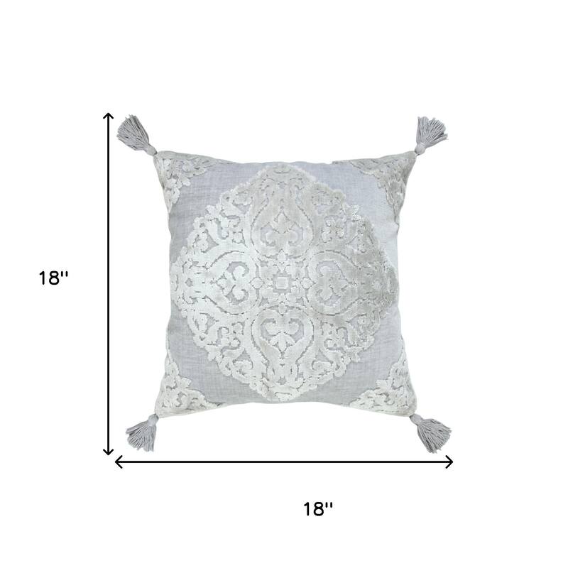 18" Silver And Gray Medallion Viscose Throw Pillow Cover with Tassels