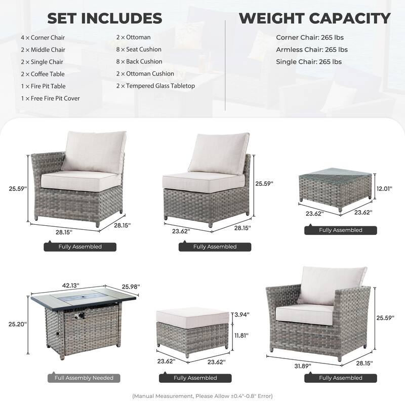HOOOWOOO 13-piece Grey Wicker Patio Furniture Outdoor Sectional Set with Fire Pit
