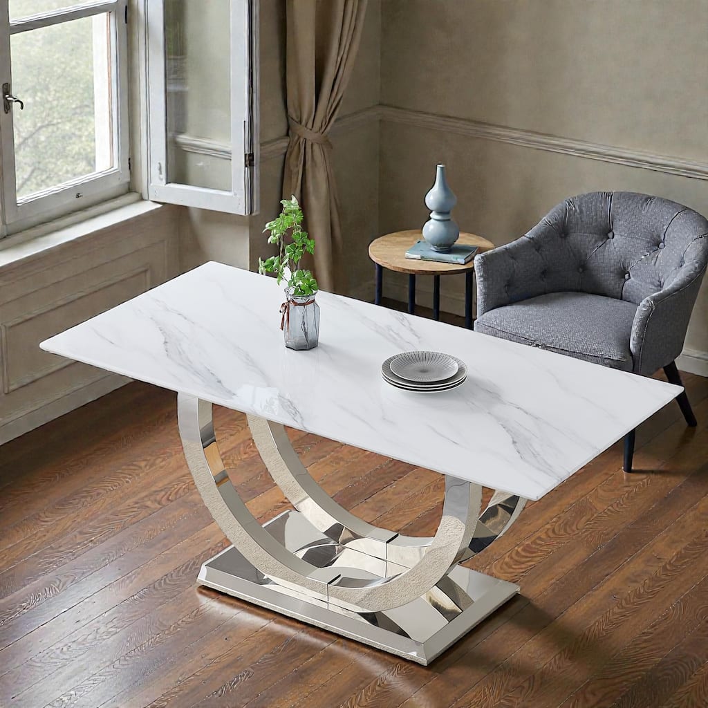 69.3 Inch Rectangular Dining Table with White Marble MDF Top, Silver Mirror Stainless Steel Legs, Seats 4-6