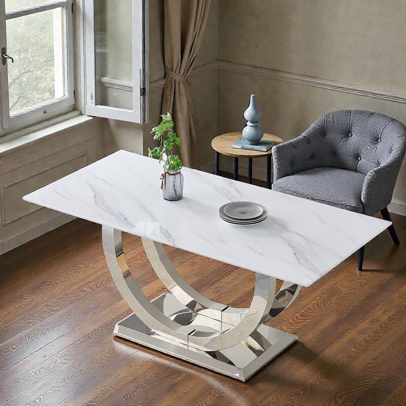 69.3 Inch Rectangular Dining Table with White Marble MDF Top, Silver Mirror Stainless Steel Legs, Seats 4-6 - Silver
