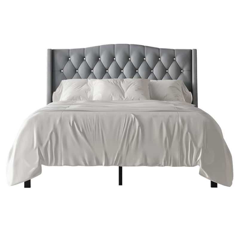 CraftPorch Glam Velvet Crystal Button Tufted Upholstered Platform Bed - Light Grey - Twin