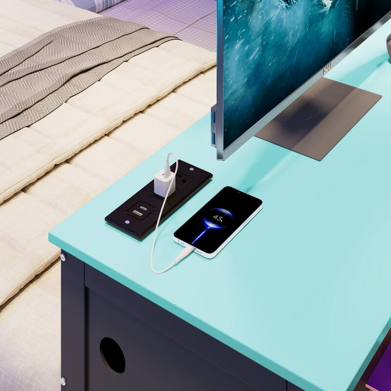 Wood Daybed with Trundle & Built-in Desk, LED Lights & USB Charging Port, Available in Full or Twin