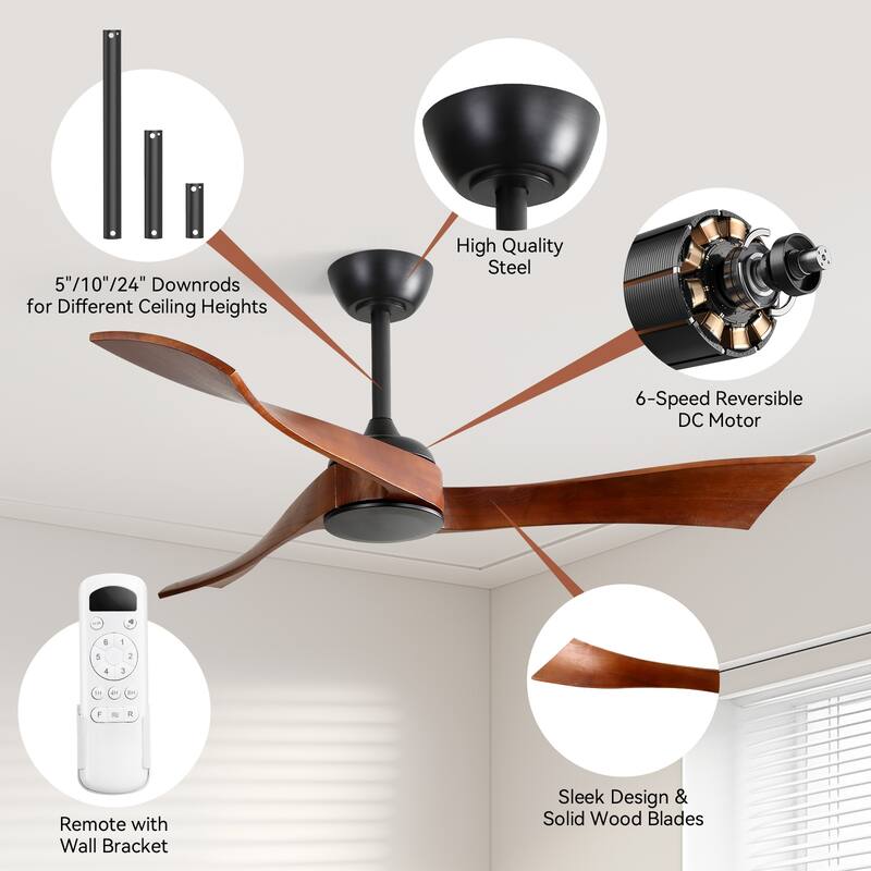 52''/60" Large Ceiling Fan without Lights, Remote Control and Reversible Motor Included, 3 Wood Blades