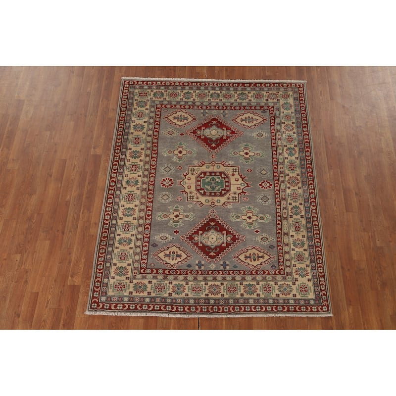 Kazak Area Rug Hand-Knotted Oriental Grey Wool Carpet - 5'0" x 6'5"