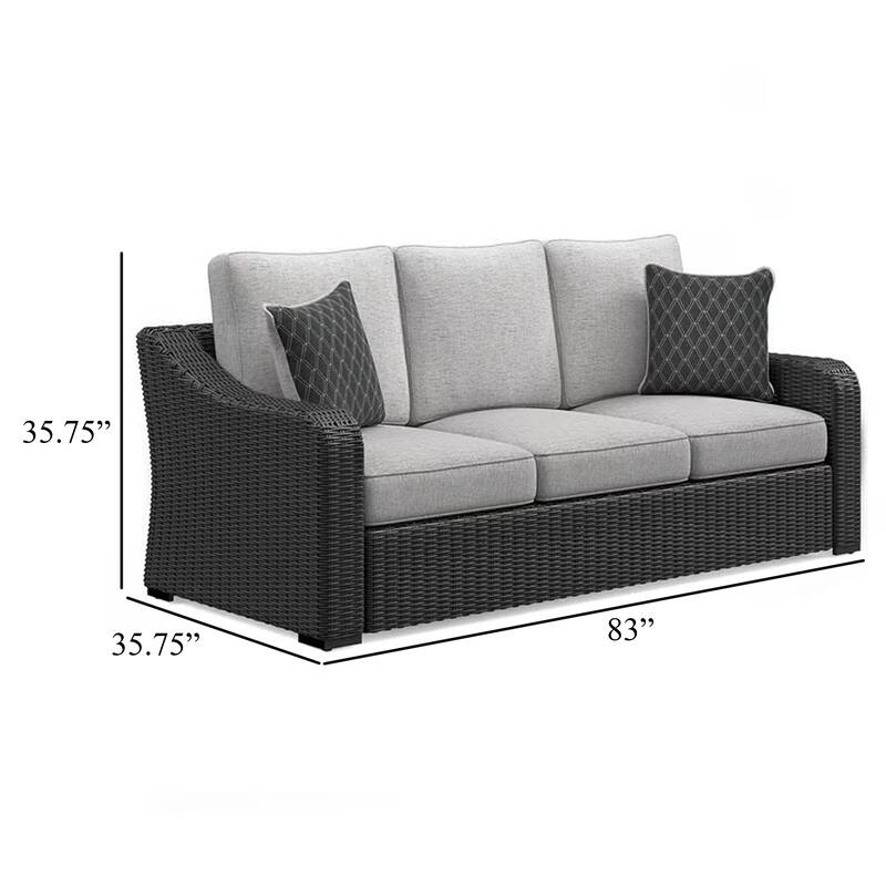 Tira Outdoor Sofa, 83 Inch, 2 Accent Pillows, Gray, Black Woven Wicker