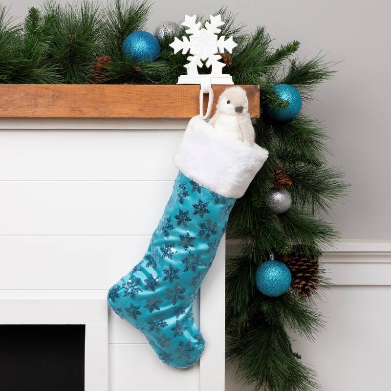 20.5 Palace Sequin Snowflake Christmas Stocking White Faux Fur Cuff