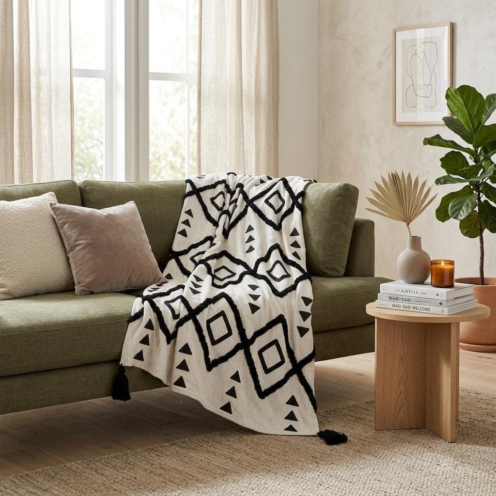 HomeRoots 60" X 50" Black and White Woven Cotton Geometric Throw Blanket with Tassels