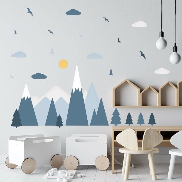 slide 2 of 7, Walplus Blue Mountains Landscape Clouds Birds Children Wall Stickers