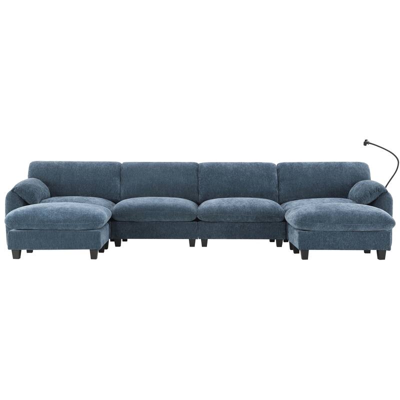 140-Inch Chenille Sectional Sofa with USB and Type-C Charging Ports, Phone Holders, Side Storage Pockets, Movement Ottomans
