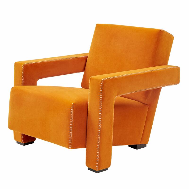 Hughe Modern Textured Velvet Upholstered Accent Lounge Arm Chair - Orange/Walnut