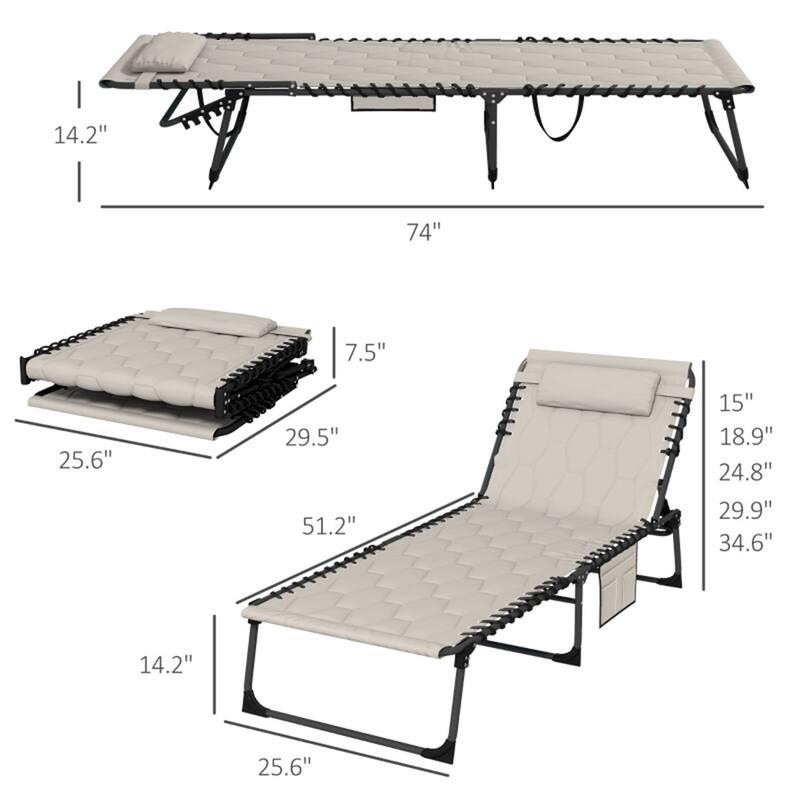 2 Person Adjustable Sun Lounger with Cushions and Side Pockets Foldable Steel Frame Oxford Fabric Reclining Chair