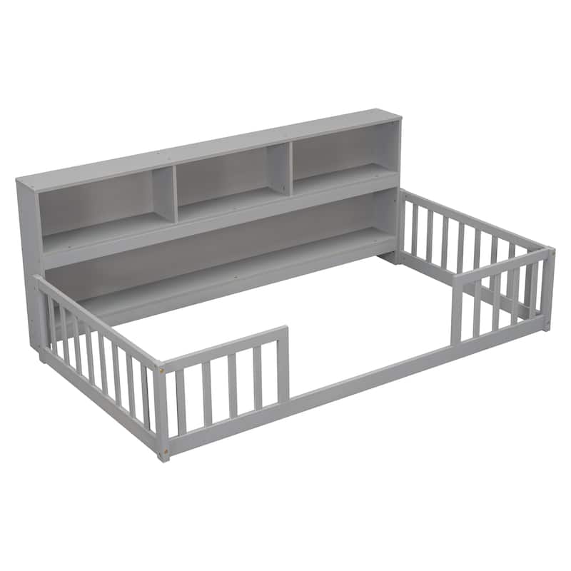Floor Bed with Bedside Bookcase,Shelves,Guardrails