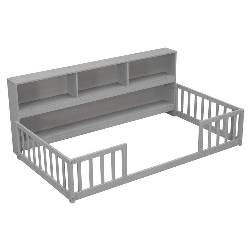 Grey Twin Floor Bed with Built-in Bookcase, Shelves and Safety Guardrails