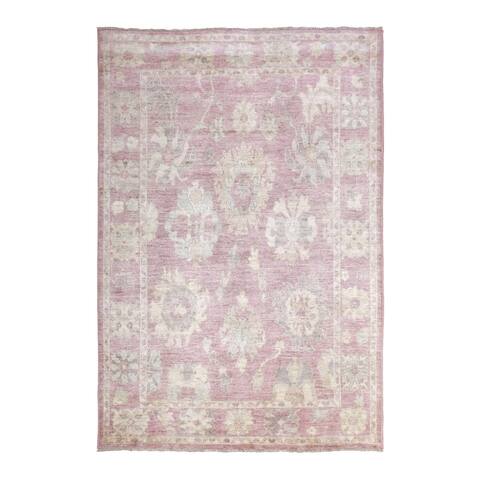 Hand Knotted Pink Oushak And Peshawar with Wool Oriental Rug (6'1" x 8'8") - 6'1" x 8'8"