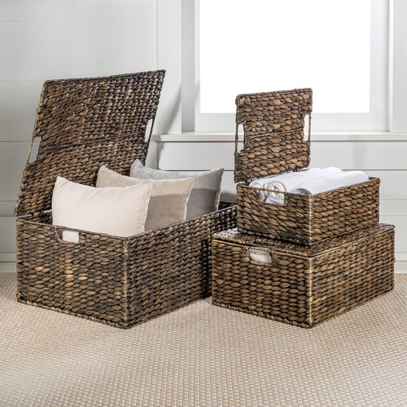 Woven Rectangular Storage Baskets with Lids & Handles (Set of 3) - Brown
